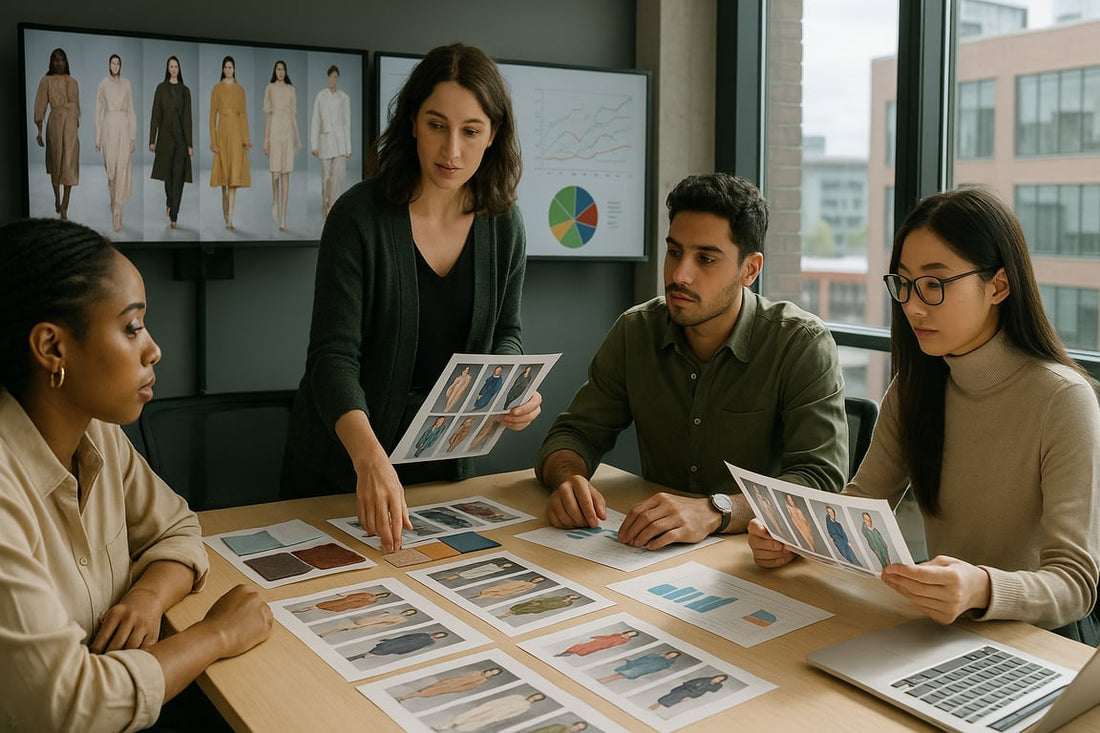 A fashion trend forecasting team collaborating in a modern office, analyzing runway photos and data charts.