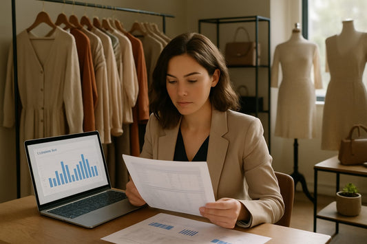 A boutique owner reviewing financial reports at a desk in their boutique.