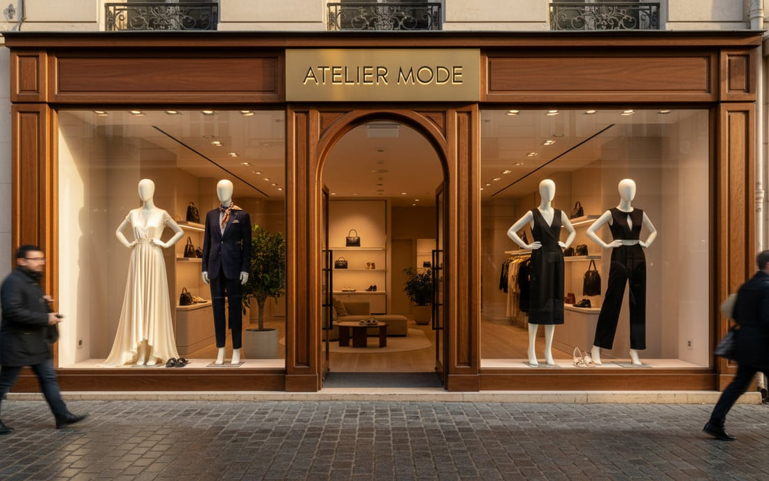 Elegancki butik odzieżowy z wyraźnym szyldem i witryną sklepową
