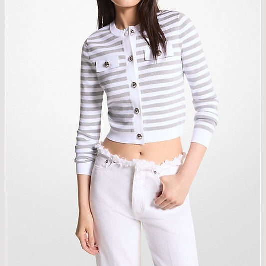 Michael Kors Cardigans METLIC STRP SNAP JKT (MS460Y2BTK-WHITE/SILVER) Women