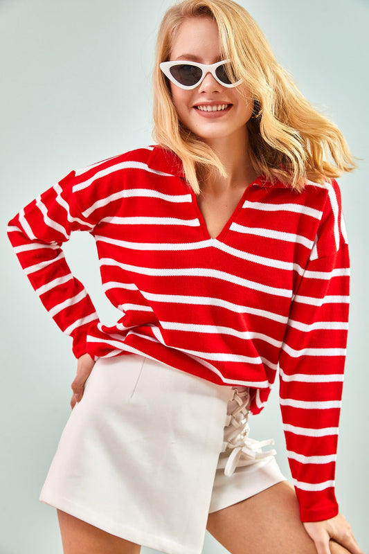 Bianco Lucci Women's Stripe Patterned Polo Neck Knitwear Sweater Red-white Women