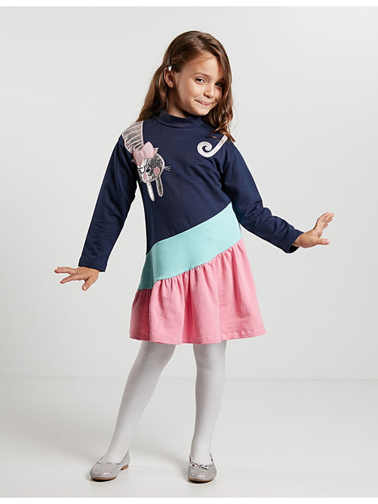 Denokids Dress "White Cat" Navy / Pink Kids