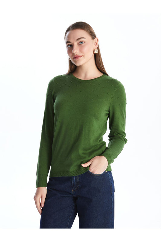 LC Waikiki Crew Neck Self Pattern Long Sleeve Women's Knitwear Sweater Green Women