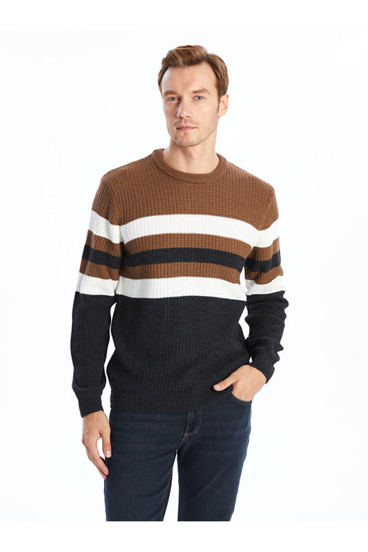 LC Waikiki Crew Neck Long Sleeve Striped Men's Knitwear Sweater Anthracite Mlg Men