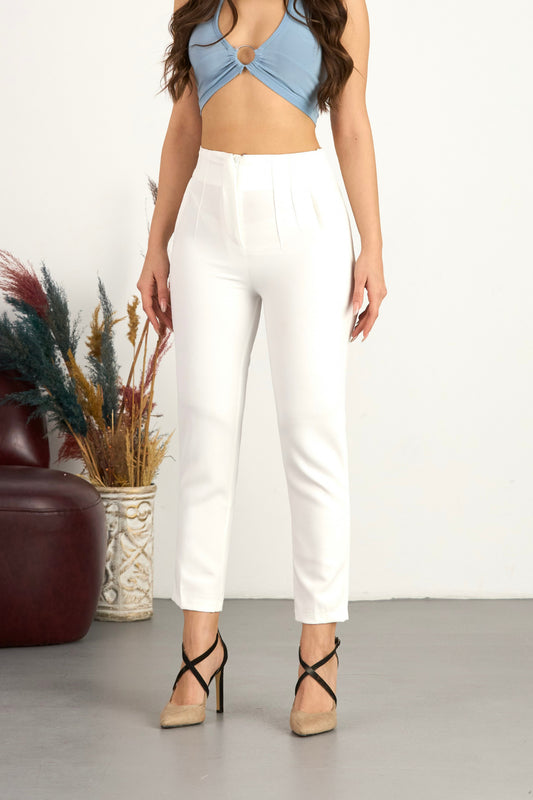 BİKELİFE Women's High Waist Collet Skinny Leg Fabric Trousers White Women