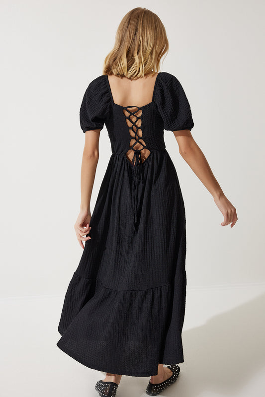 Happiness İstanbul Women's Black Heart Collar Textured Summer Knitted Dress Women