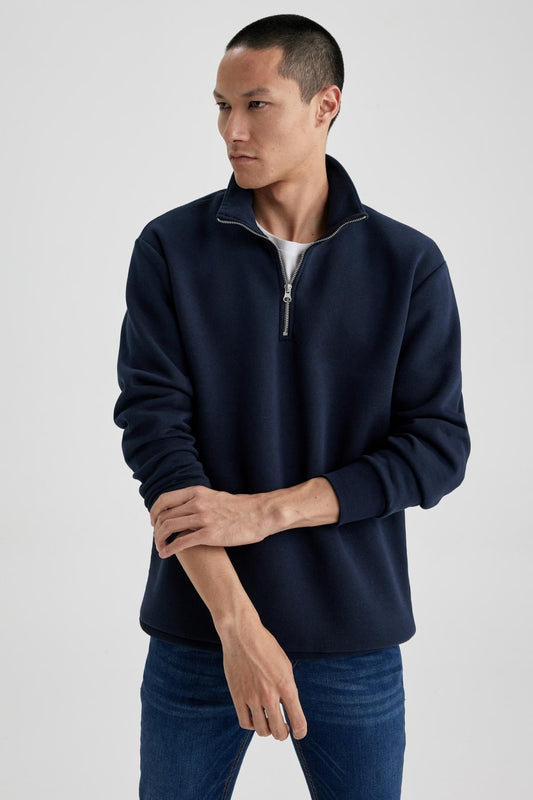 DeFacto Stand Collar Zippered Comfort Fit Sweatshirt Navy Blue Men