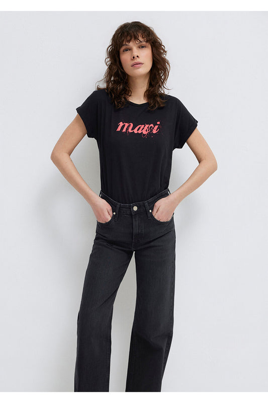 Mavi Logo Printed Black T-Shirt Loose Fit - Comfortable Loose Cut Women