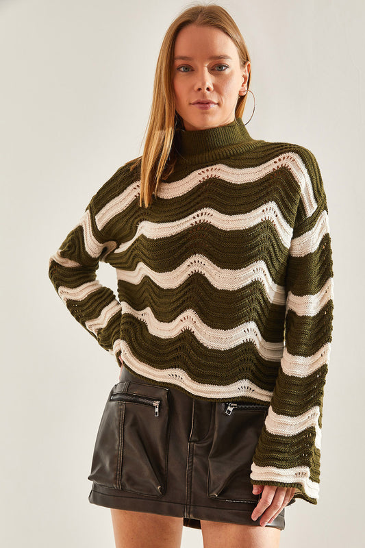 Bianco Lucci Women's Patterned Openwork Knitwear Sweater Khaki-ecru Women
