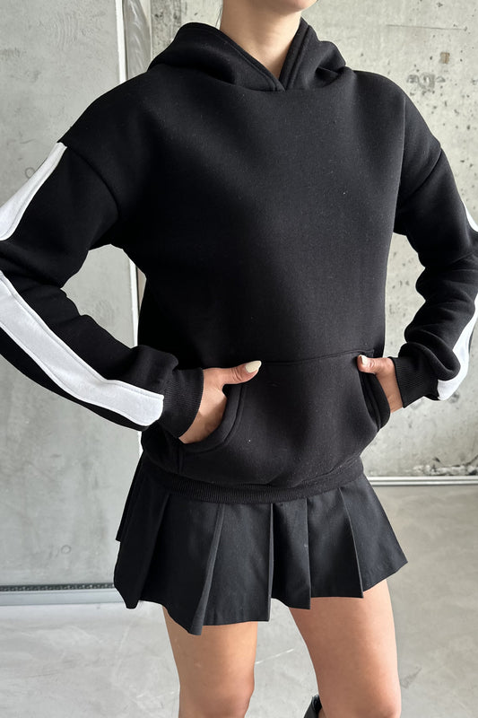 MODAGEN Unisex Oversize Hooded Black Sweatshirt - Sleeve Detailed Unisex
