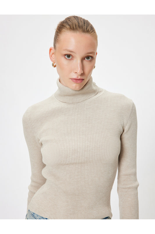 Koton Basic Long Sleeve Ribbed Knitwear High Top Sweater Mink Women