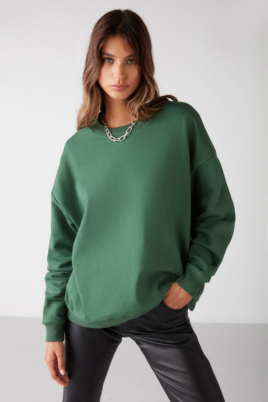 GRIMELANGE Vaneltına Green Oversize Sweatshirt - Fleece, 3 Thread Organic Cotton, Crew Neck Women
