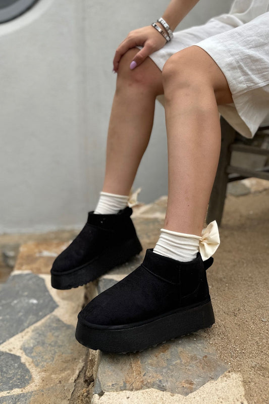 SHOEBELLAS Black Suede Abril Boots - Thick Sole and Fur Inner Detail Women