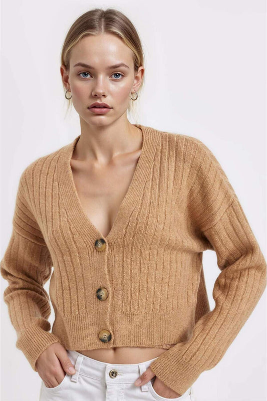 DeFacto Regular Fit V-Neck Basic Plain Buttoned Knitwear Cardigan Coffee Women