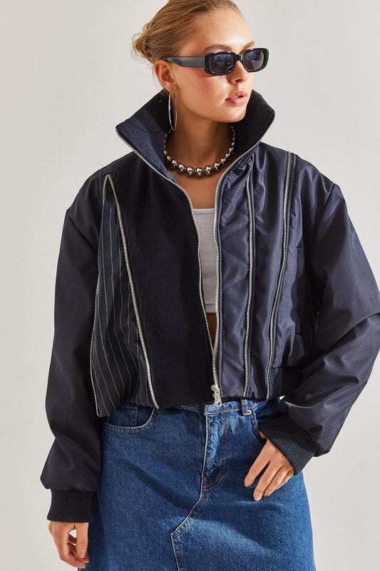 Bianco Lucci Women's Zippered Bomber Coat Navy Blue Women