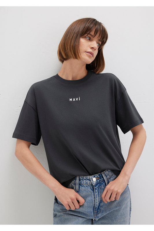 Mavi Logo Printed Anthracite T-Shirt Loose Fit - Loose Relaxed Fit Women