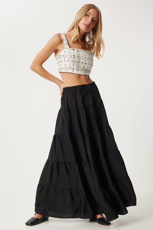 Happiness İstanbul Black Flounced Loose Comfortable Women's Summer Skirt Women