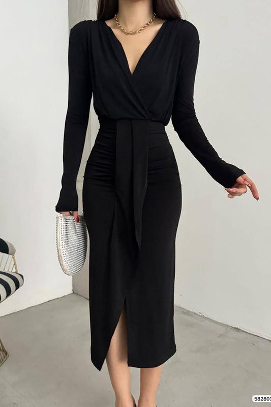 Deafox Black Double-Breasted Collar Long Sleeve Slit Detail Sandy Fabric Dress Women
