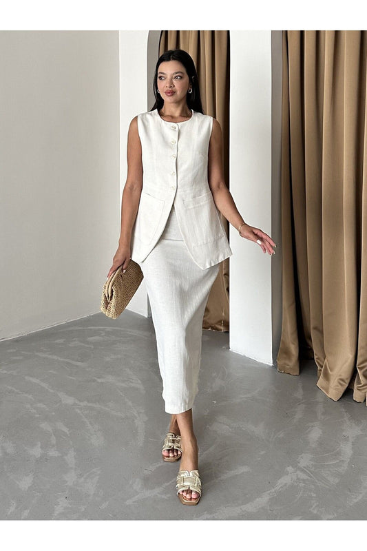 Laluvia 100% Cotton Stone Color Slit Pencil and Skirt Set Women