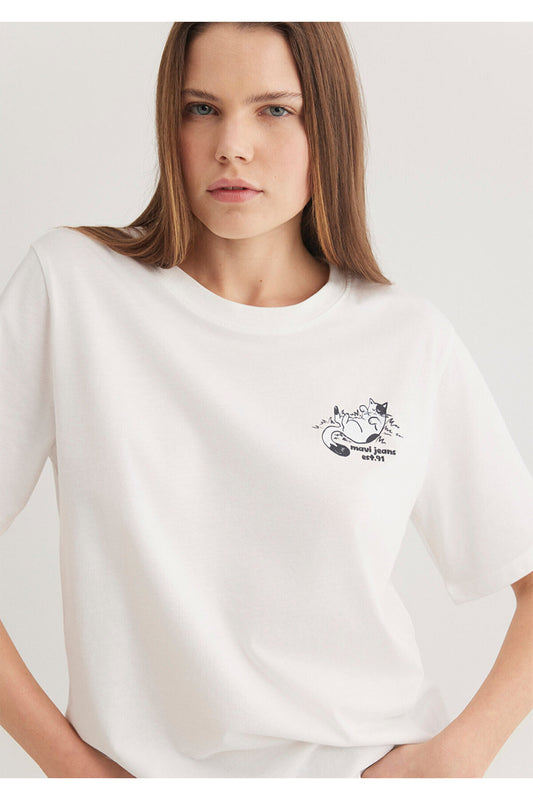 Mavi Cat Printed Ecru T-Shirt Regular Fit Women