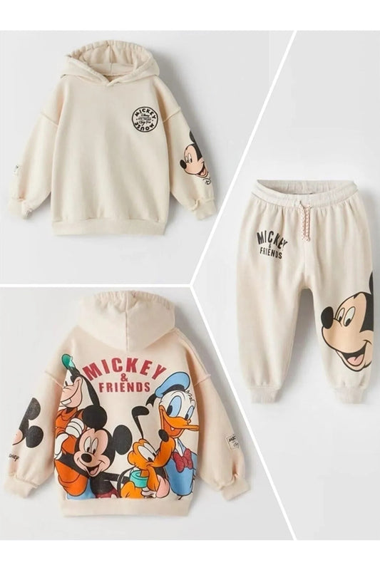 Bubito Mickey Mouse Image Hooded Baby Kids Bottom Top Set-Beige Unisex