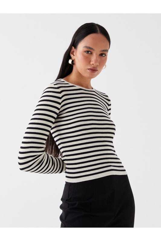 LC Waikiki Striped Crew Neck Long Sleeve Women's Knitwear Sweater Black Striped Women