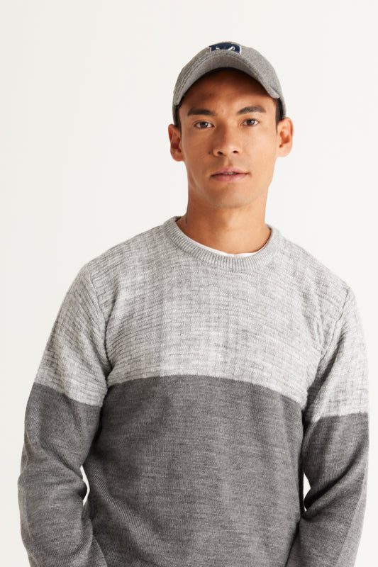 AC&Co - Altınyıldız Classics Gray Melange Standard Fit Regular Cut Crew Neck Colorblock Patterned Knitwear Sweater Grey Melange Men