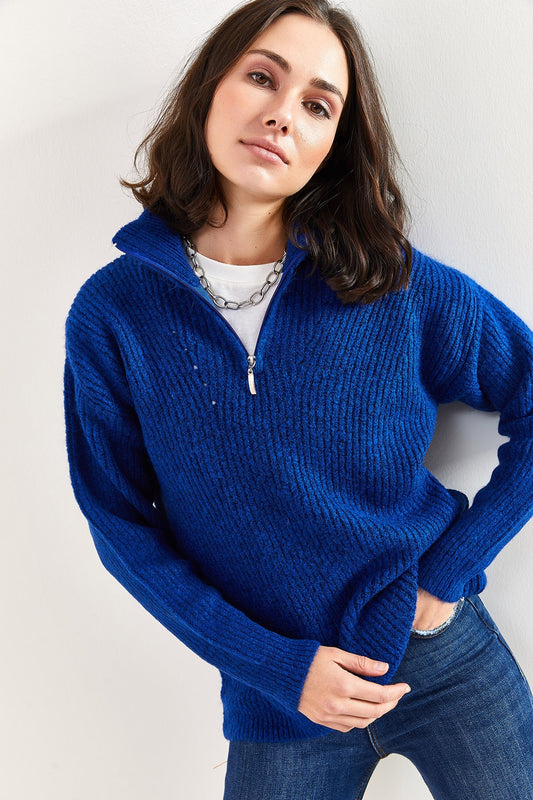 Bianco Lucci Women's Zippered Turtleneck Oversize Knitwear Sweater Navy Blue Women