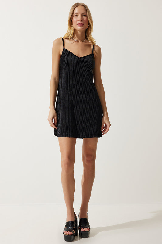 Happiness İstanbul Women's Black Strap Velvet Mini Dress Women