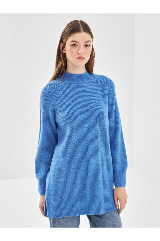LC Waikiki Women's Knitwear Tunic - Stand Collar, Solid Long Sleeve Blue Women