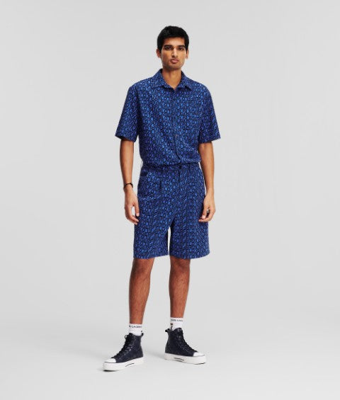 Karl Lagerfeld Aop Logo Seersucker Shorts Elongated Logo Aop Blue (241M1002R46) Men
