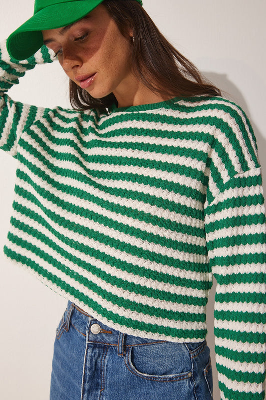 Happiness İstanbul Women's Green Striped Crochet Knitwear Sweater Women