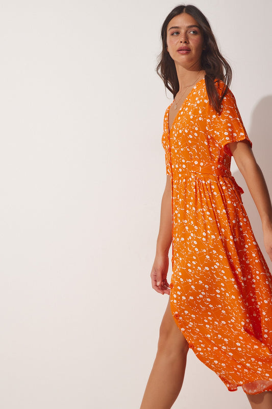 Happiness İstanbul Women's Orange Floral Buttoned Summer Viscose Dress Women