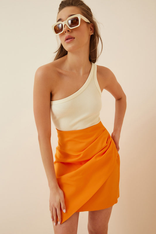 Happiness İstanbul Women's Orange Draped Woven Mini Skirt Women