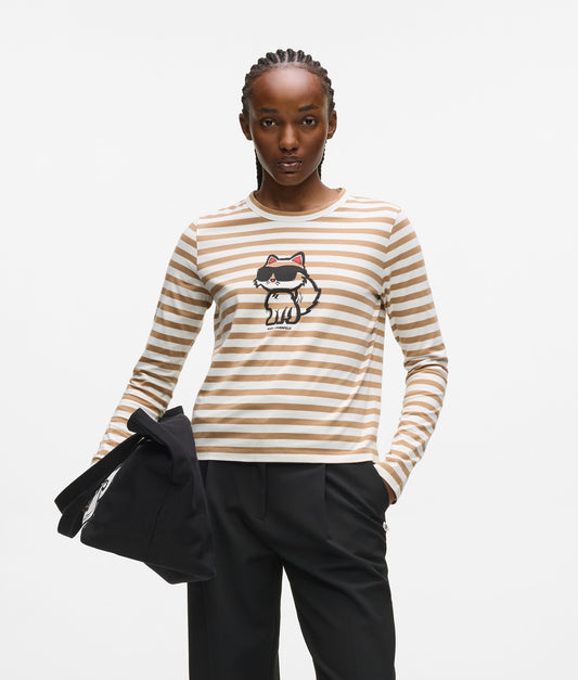 Karl Lagerfeld Ikon Print Stripe Long Sleeve Top Cannoli Cream-Nougat (A1W171372NJ) Women