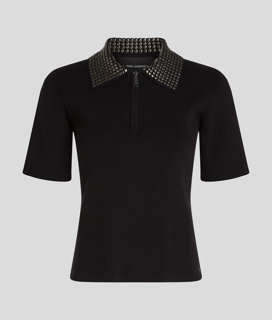 Karl Lagerfeld Stud Detail Collar Knit Polo Black (B1W18010999) Women