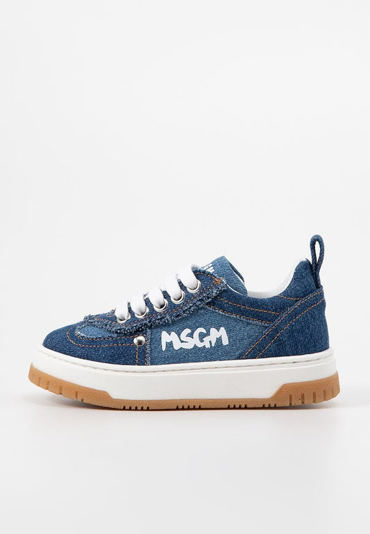 MSGM CONTRASTING PRINTED LOGO DENIM LACE-UP LOW SNEAKERS Blue (ZZO2JFW10-K00) Kids