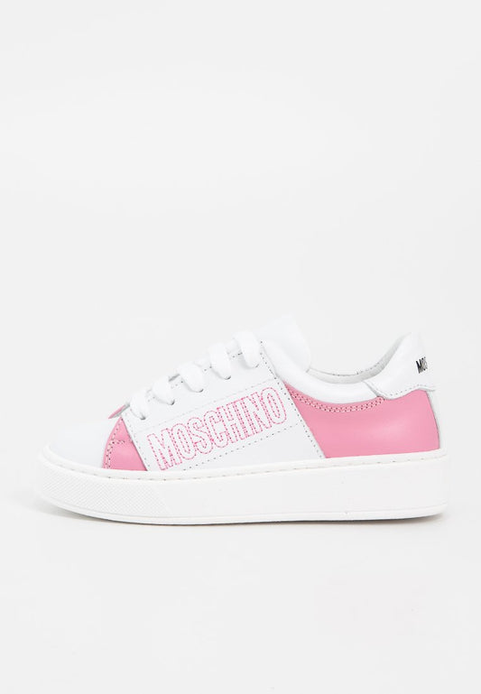 MOSCHINO SIDE EMBROIDERED LOGO LEATHER LACE-UP LOW SNEAKERS Pink (ZZO2Q3Q02-J00) Kids