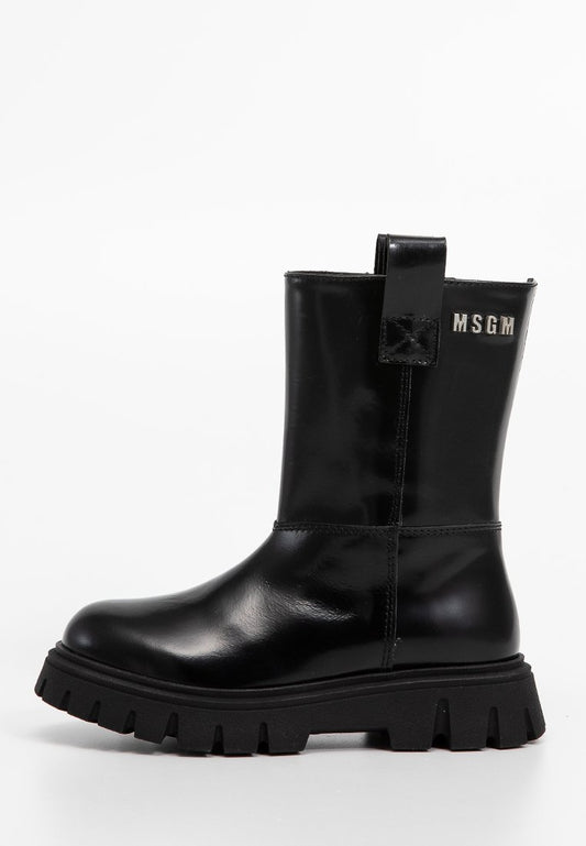 MSGM SIDE METAL LETTERING LOGO BRUSHED LEATHER BOOTS Black (ZZO2Q3L15-Q00) Kids