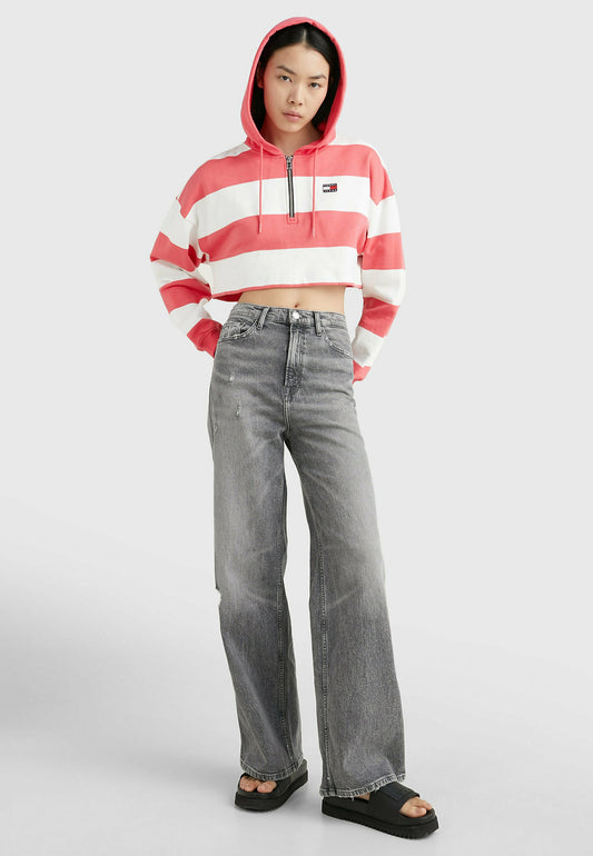 Tommy Jeans Stripe Quarter Zip Cropped Hoody Pink (TOB21J0DF-J11) Women